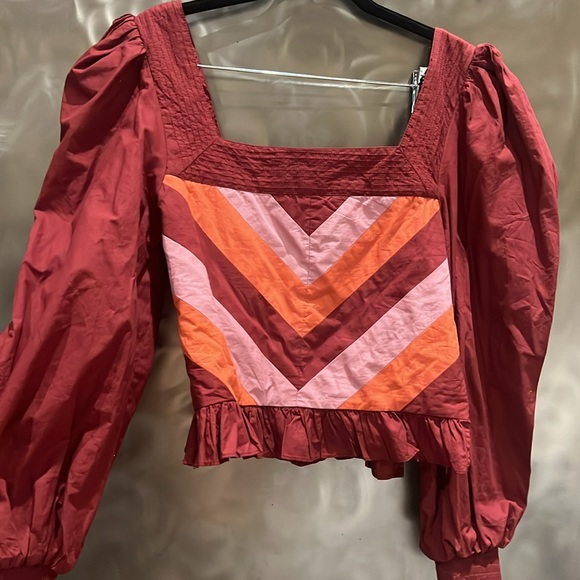 Anthropologie Love the Label Puff Sleeve Maroon Corset Chevron Detail Sz S - Picture 4 of 12
